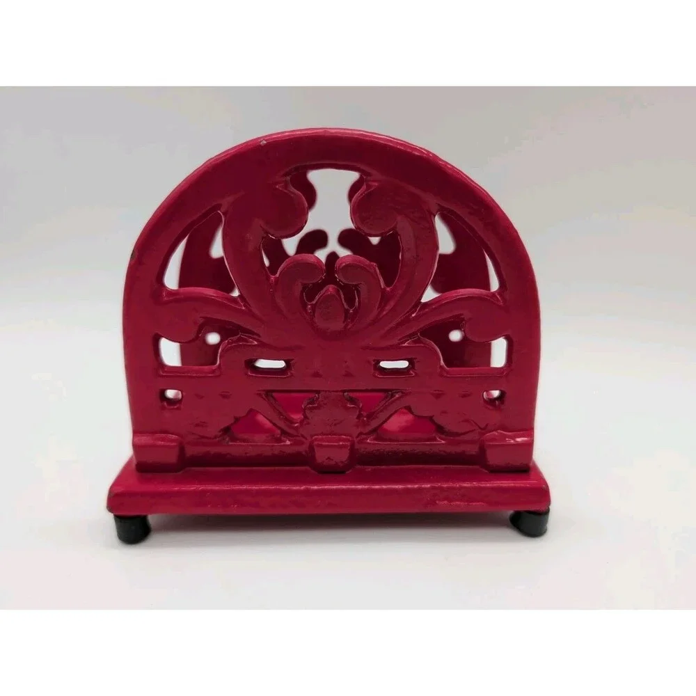Cast Iron Napkin Holder Red Scroll Design Letter Organizer Farmhouse Heavy Vtg
